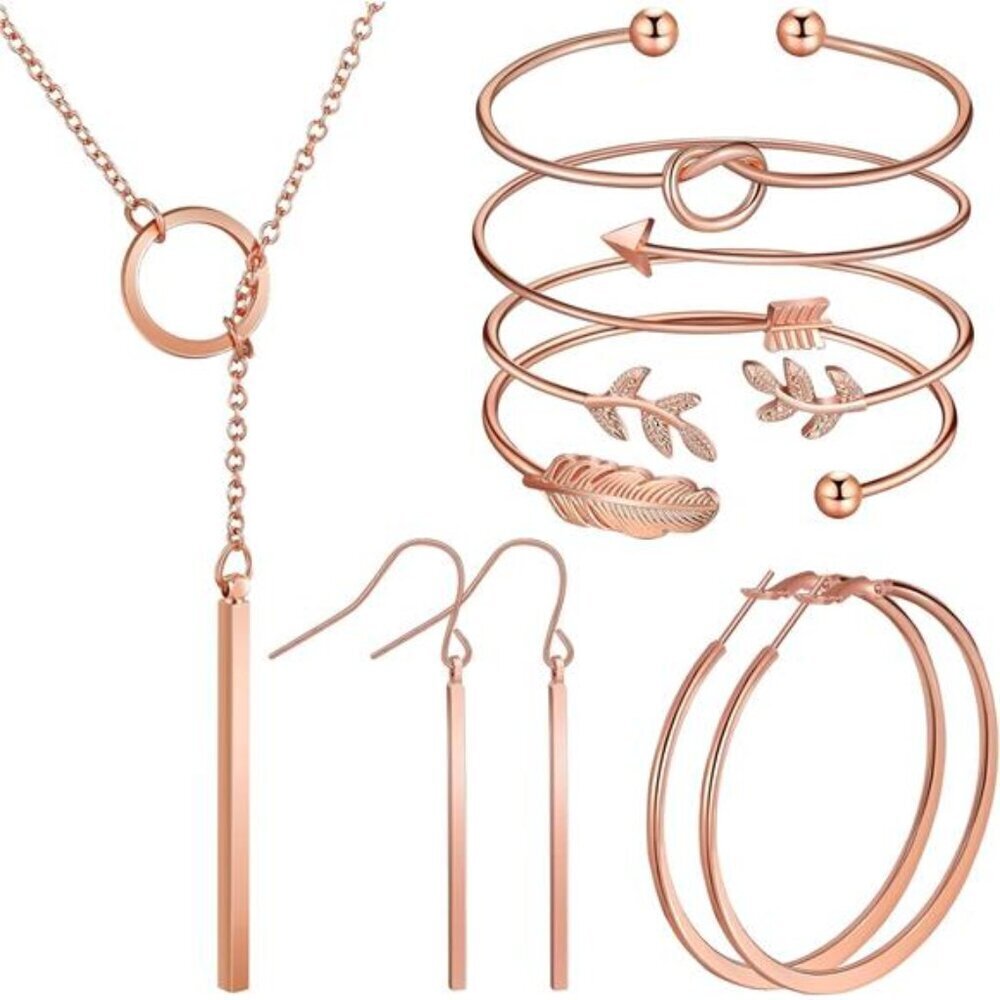 Rose Gold Simple Bar Jewelry Set Vertical Bar Necklace Earrings Adjustable Cuff